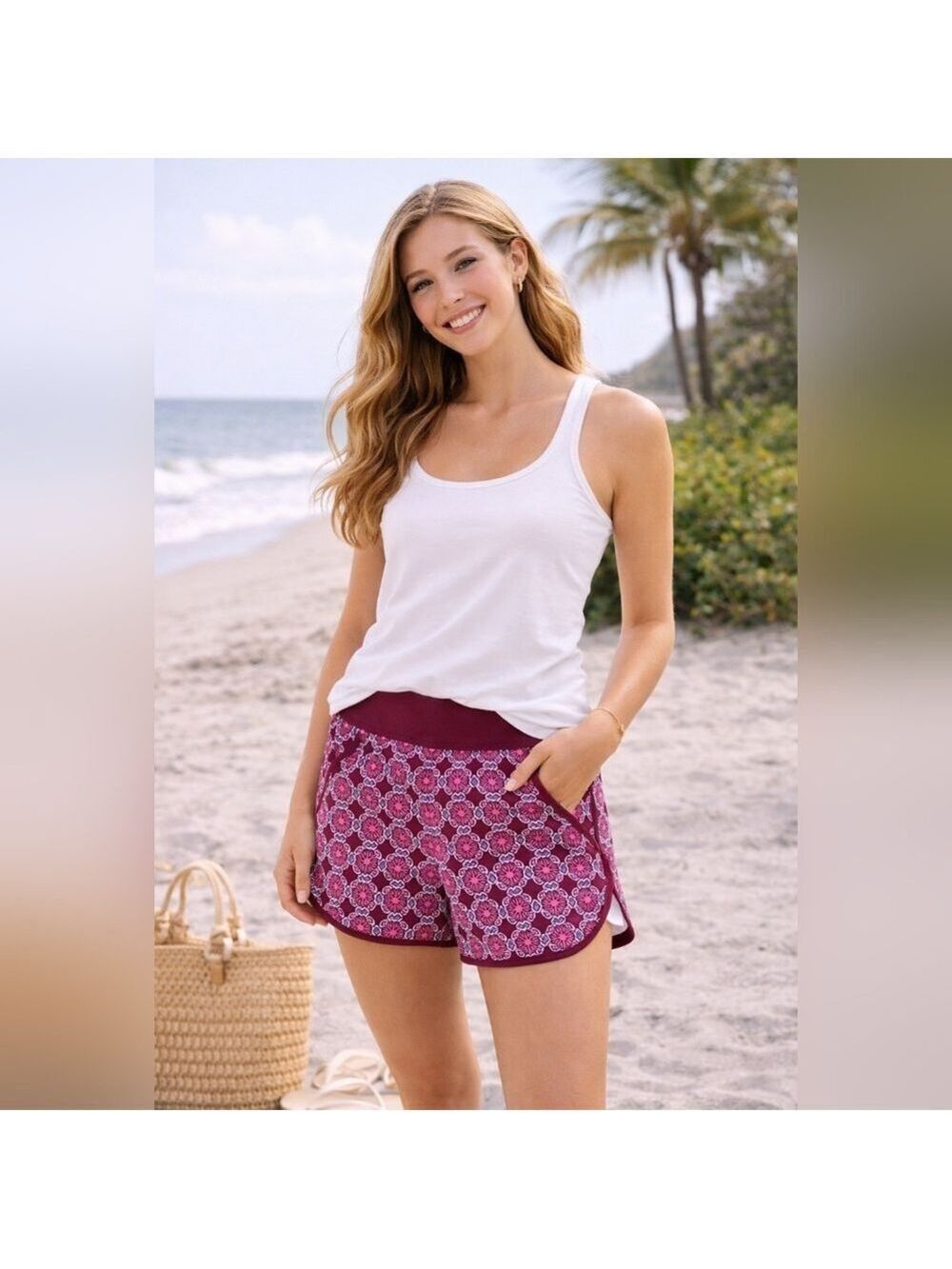 Lands' End Maroon and Pink Geometric Athletic Shorts Nwt 12